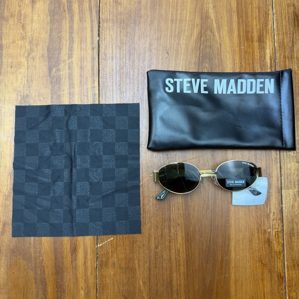 Steve Madden Mystie Oval Sunglasses Gold Black 90s Slim Unisex NWT w/Case&Cloth